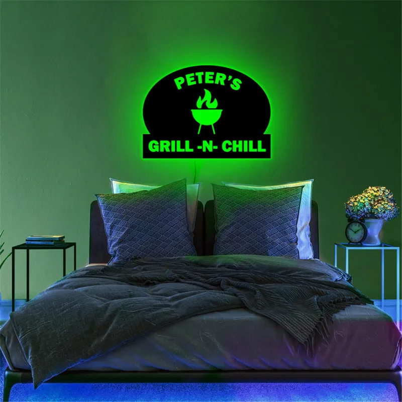 الاسم المخصص لايت Wooden Night Light Personalized BBQ LED USB Neon Lamp for Birthday Party Sign Sign Decoration 30cm 220623