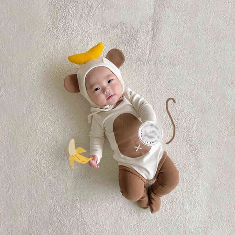 Ins baby menino garoto macacão fofo macacão   chapéu de chapéu geral macacão de mangas compridas Rompe de algodão Pijamas recém -nascidos com capuz G22020510