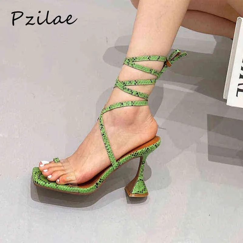 Sandalias Pzilae nueva moda de verano piel de serpiente mujeres extraño tacones altos damas punta cuadrada zapatos con correa transparente tamaño 40 41 220704