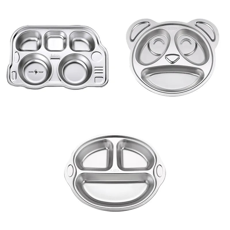 Children's Plate Cute Bus Bear Stainless Steel Grid Plate Kids Breakfast Dinner Dinnerware Baby Food Feeding Dishes Tray 220512