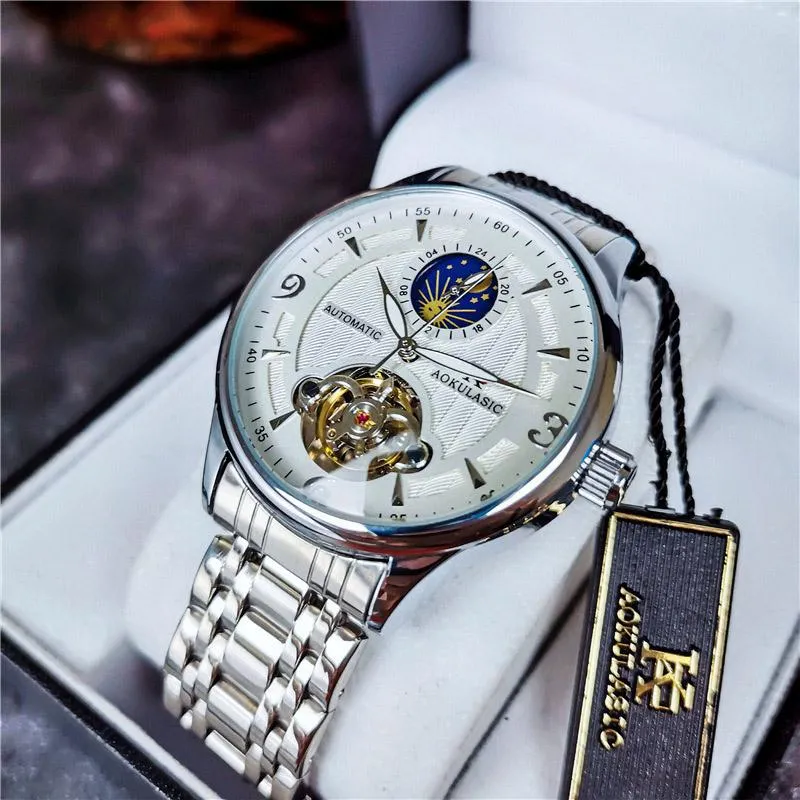 Montres-bracelets Montre automatique Hommes Golden Étanche Mécanique Montre-bracelet Phase de Lune Casual Véritable Cuir Tourbillon Horloge Montre214G