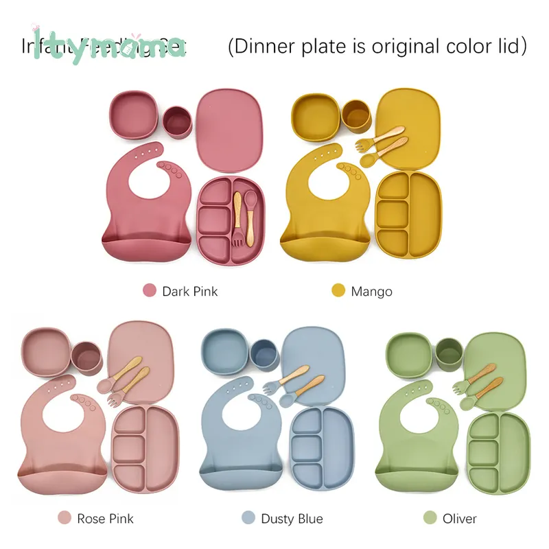 Baby Feeding Silicone Tableware Waterproof Bib Solid Color Dinner Plate A Free Sucker Bowl And Spoon For Children 220414