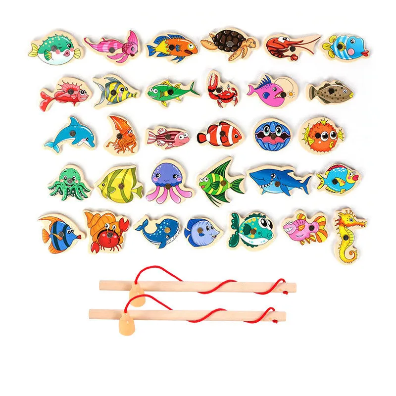 Wooden Magnetic Fshing Game Cartoon Marine Life Cognition Fish Rod Toys for Children Early Educational Parentchild Interactive 220621