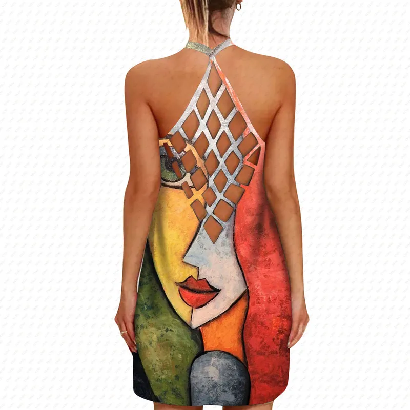 Xxxh Женщины сексуальные 3D -печатные геометрические арт -полая подвесная юбка повседневная мода мода женская платье без рукавов уличная одежда 220713