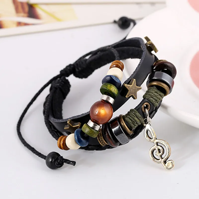 Fait à la main Boho Gypsy Hippie Design Marron En Cuir Étoile G Clef Note Métal Charmes Bois Bouton Perles Wrap Unisexe Bracelet Réglable 220727