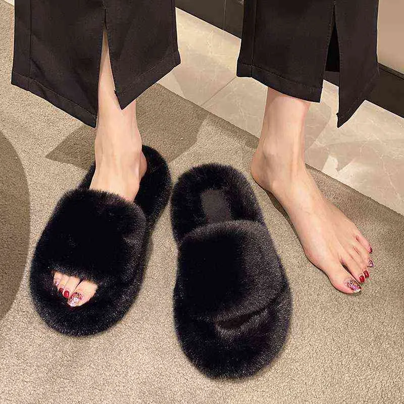 Furry Slippers for Home Women Ladies Shoes Cute Plush Fox Hair Fluffy Sandals Indoor Fur Slippers Winter Slippers Women Size 41 G220816