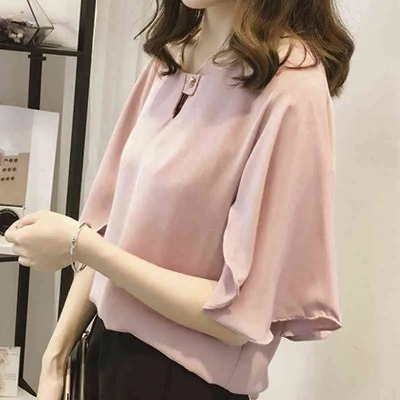 Women Chiffon Blouse Shirt Short-sleeve Solid Color Casual Plus Size Work Office Blouse O Neck Elegant Korean Ruffles Top L220705