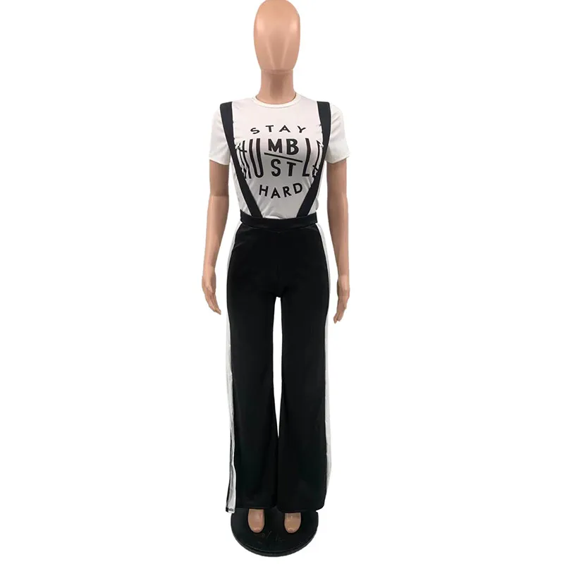 Summer Two Piece Set Women Pant Suit Wholesale Short Sleeve White Tops and Black Overalls Suspender Sets Outfits Drop 220315