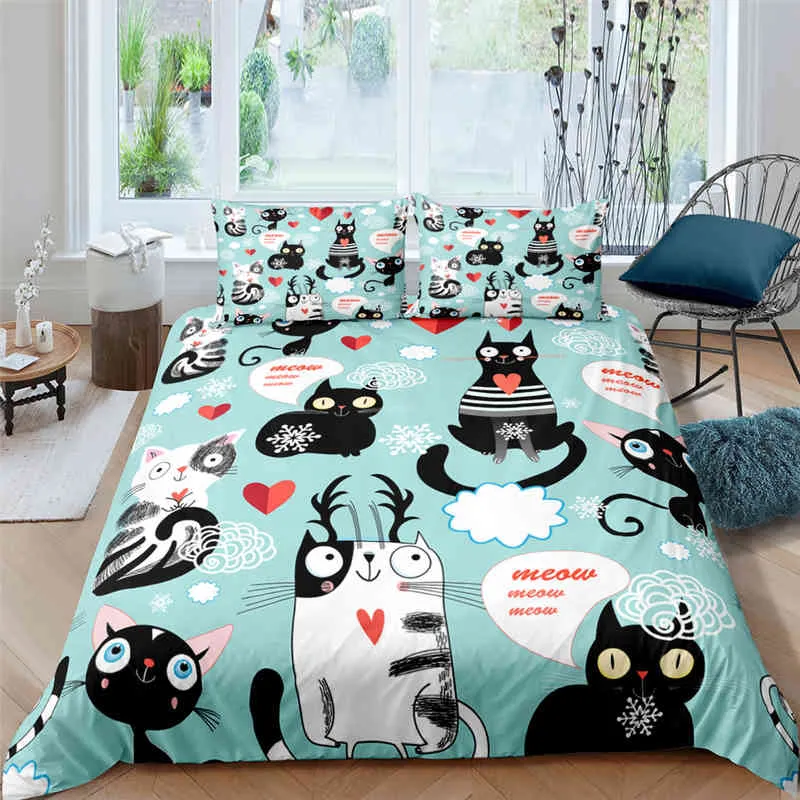 Hemtextilkartonger Söta katt täcke täcker täcke kudde kudde fall pojke flicka 2/3 st sängkläder set kung drottning tvillingstorlek
