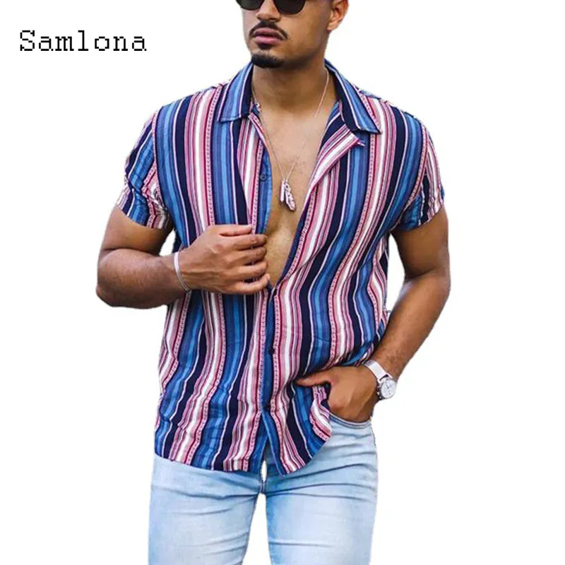 Män mager toppar modell skjorta kort ärm lapptäcke strip blus singelbröst sommar avslappnad skjorta sexiga herrkläder 220527