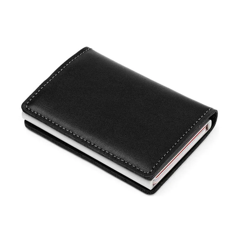 Korthållare Automatisk vintage Men's äkta läderhållare Retro Aluminiumlegering Business Male ID Cardholder Mini Wallet Purs2468