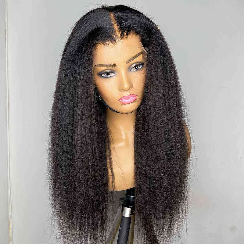 Natural Soft Black Yaki Straight Hair Wig for Women Line Kinky Long Afro Heat Resistant Fiber 220622