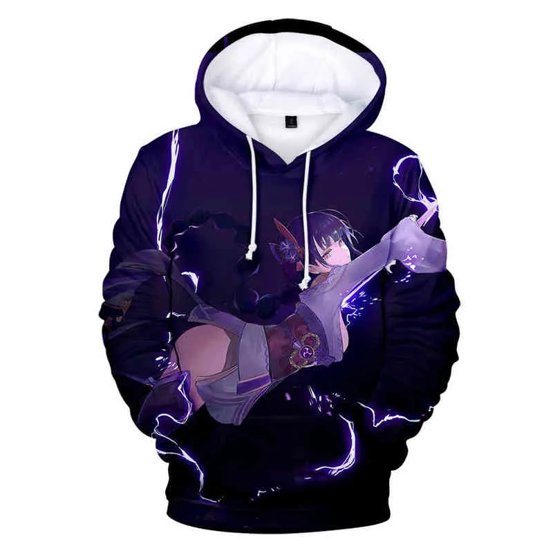 لعبة أنيمي Genshin Impact Hoodies 3D طباعة أزياء الشارع Raiden Shogun الرجال نساء من النوع الثقيل من النوع الثياب هوديي pulver tops الرجال طلاء Y220713