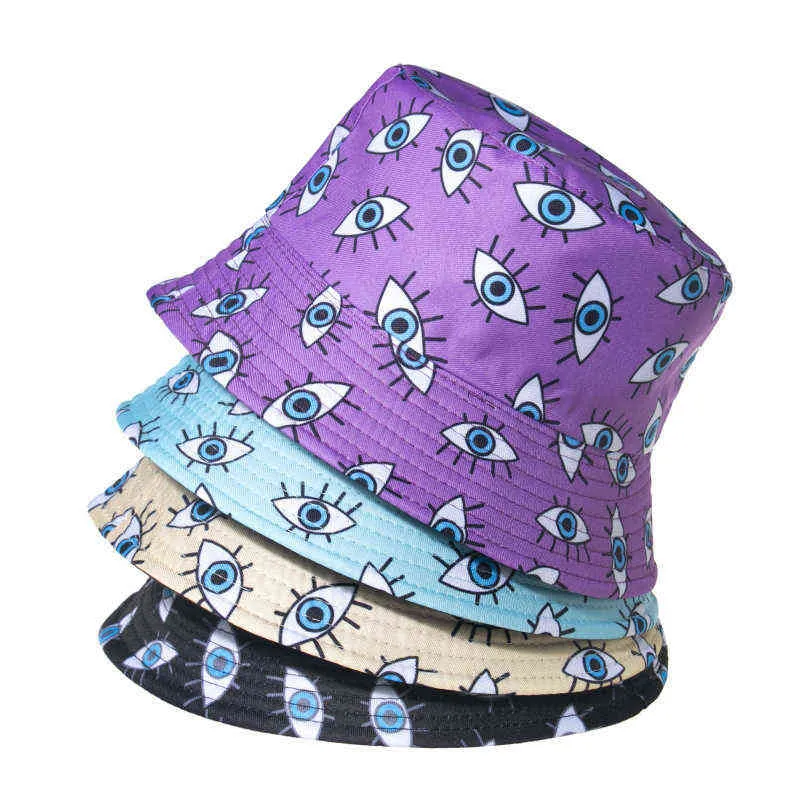 Creative New Expression Eyes Big Brim Embroidered Fisherman Hat Women Fashion Summer Outdoor Leisure Sun Bucket Hat Unisex Stree G220418