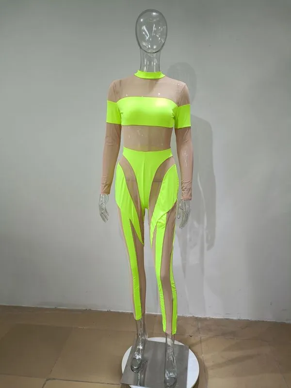 Sexig ren nät Jumpsuits Women Party Club Outfit Overall Summer Neon Color Patchwork Långärmhet Se genom Rompers Fitness 220714