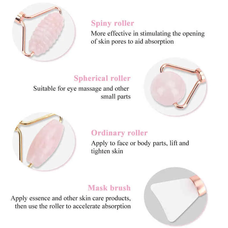 Double Head Face Roller Facial Beauty Rose Quartz Massager for Neck Body Muscle Relaxing Relieve Fine Lines Wrinkles220429