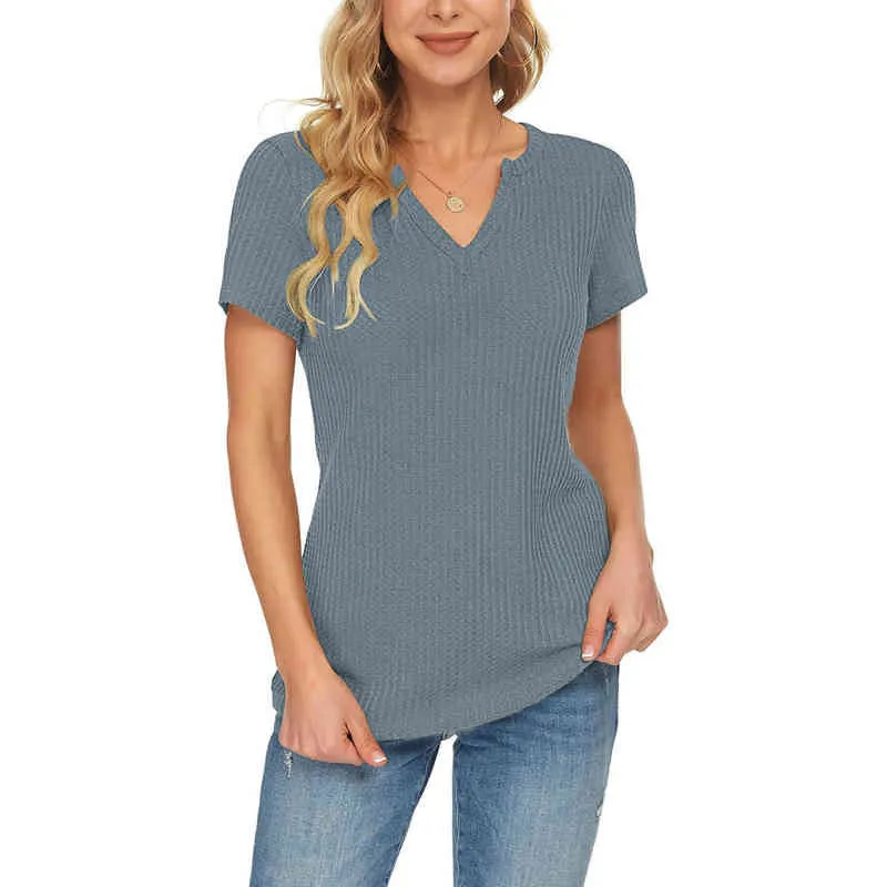 Sommar överdimensionerade t-skjorta kvinnor sommar mode stickad kort ärm t skjortor tunika topp v-ringning lös skjorta camisetas de mujer l220705