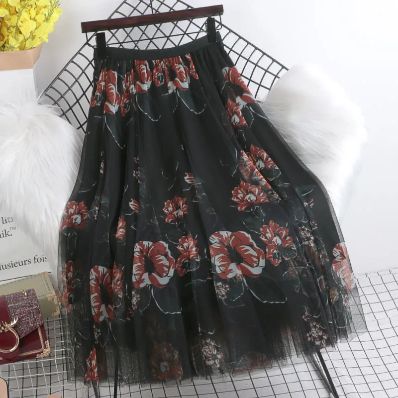 Vintage floral falda larga de tul coreano harajuku alto wasit rosa negro plisado aline midi faldas faldas mujer streetwear 220527