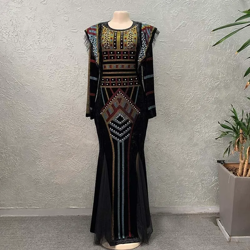 Zimowe kobiety Bazin Rich African Ethnic Printed Sukienka Autumn Velvet Fashion Exotic Party Sukienki Maxi za 220521