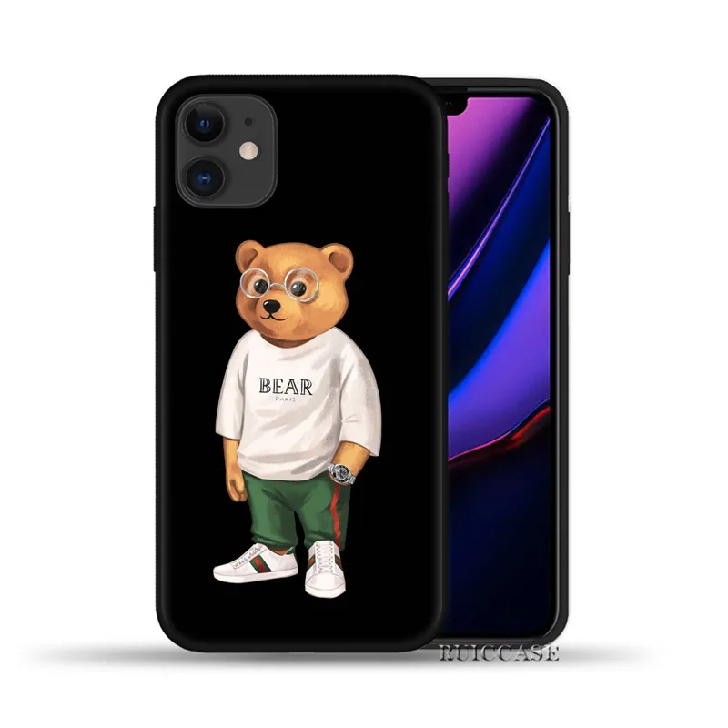 For iPhone 11 12 13 Pro Max Mini 7 8 Plus X XS XR 6 6S 5S SE 2020 Black Case Cute Bear Fashion Brand Protective Silicone Cover4078369