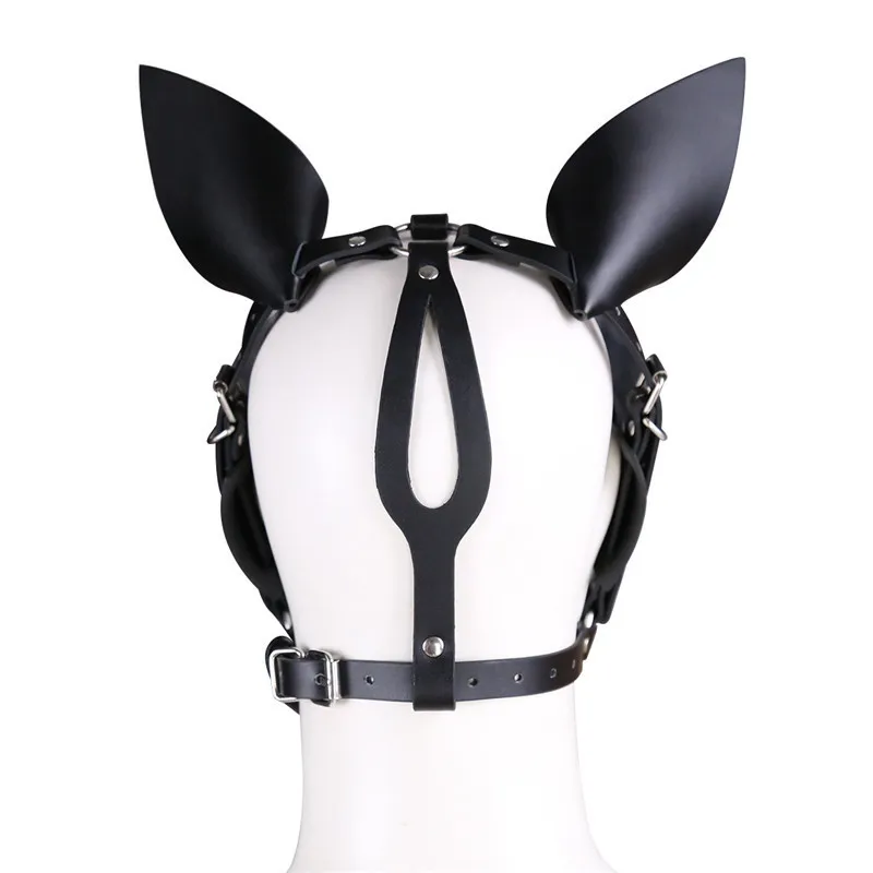 Fetischläder Harness Head Piece Hood Mask med silikon Ben Mun Gag Ears Eye Shade Bit Bendel för Pony Pet Cosplay BDSM 220726