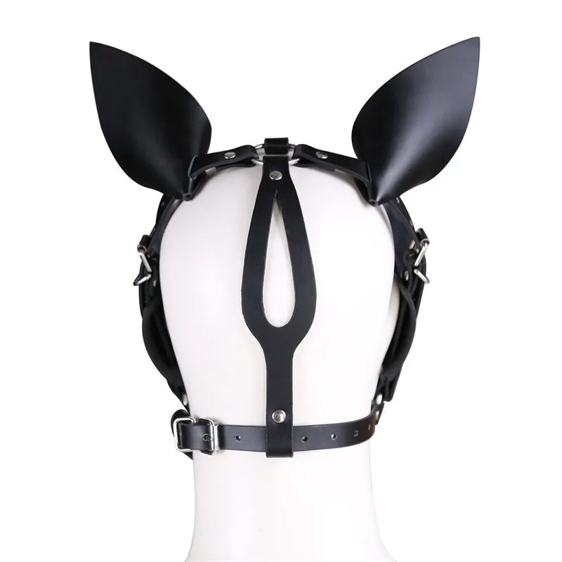 Fetish Leather Harness Head Piece Hood Masque avec Silicone Bone Mouth Gag Ears Eye Shade Bit Blindfold pour Pony Pet Cosplay Bdsm 220726