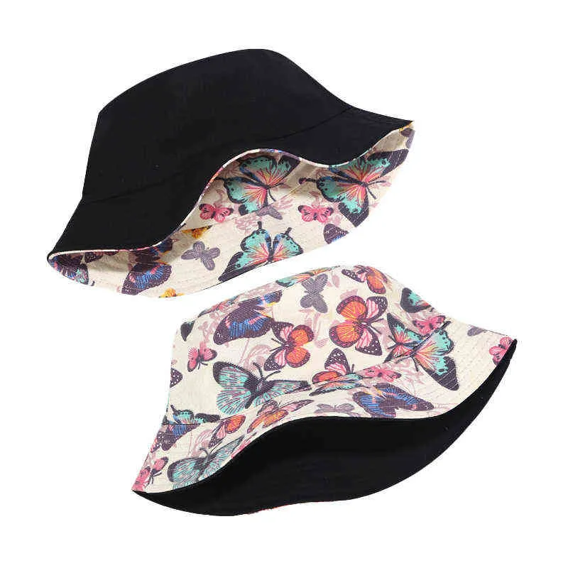 Plaża Czapka Bawełniana Wiadro Kapelusze Kobiety Butterfly Drukuj Sunscreen Panama Hat Sunbonnet Outdoor Podwójna strona Unisex Fisherman Kapelusz G220418