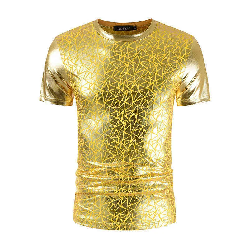 Блестящая золотая металлическая футболка Men Men 2022 Лето-новая o-вырезок Slim Fit Fit Fit Fit Fit Fit Fit Fit Fit Fit Fort
