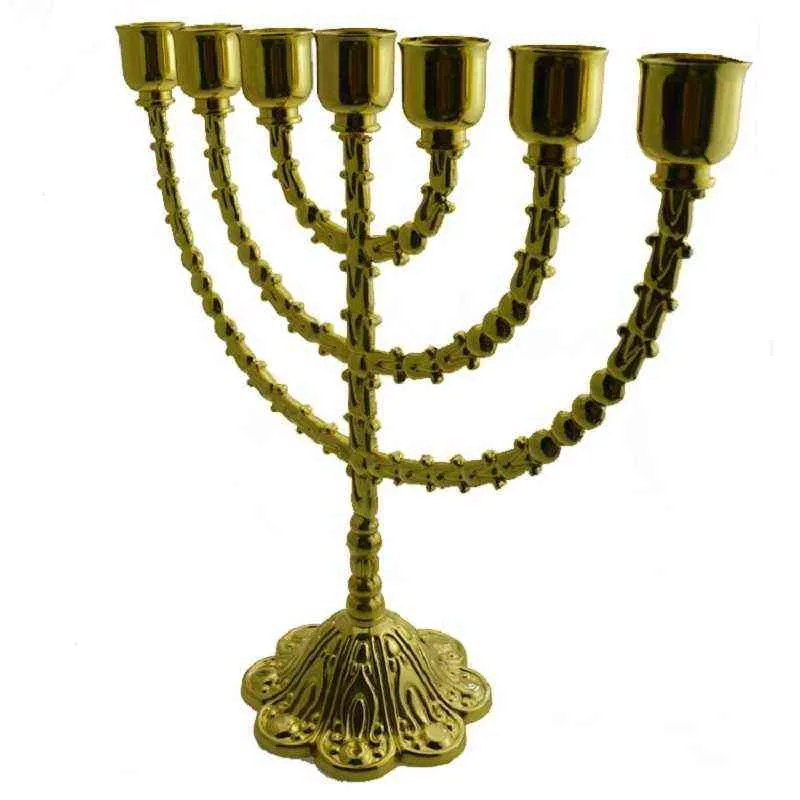 Large 7 Branch Menorah Hanukkah Candle Holders Gold Plated Metal Alloy Gold Plated Table Candlestick 13 Inch For Home Decor H220419