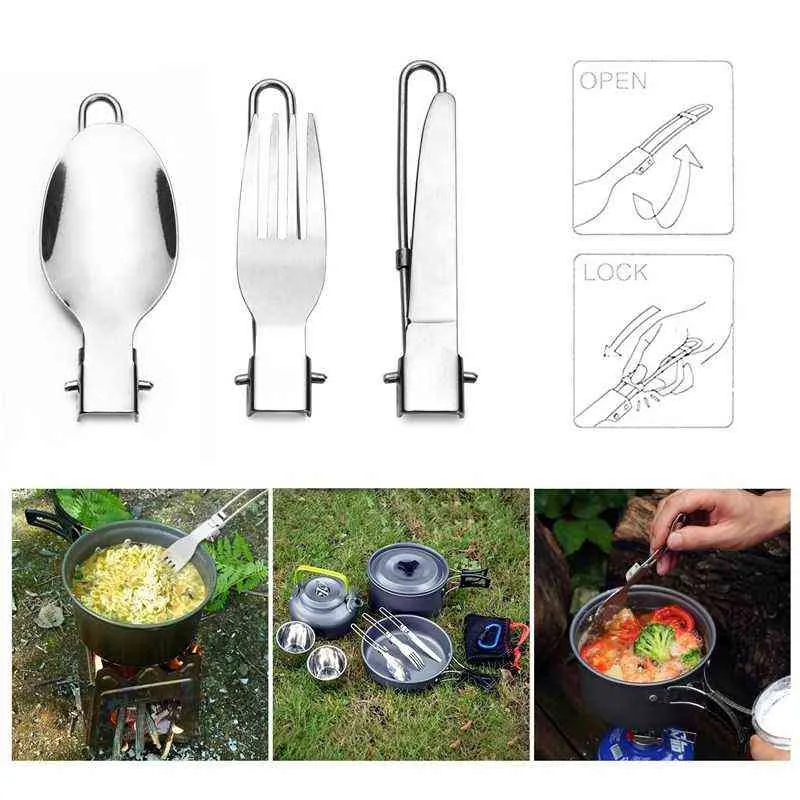 Rostfritt stål vikbara bordsartiklar bärbara knivgaffel sked kit utomhus picknick camping fold cutlery rese tur utrustning verktyg y220530