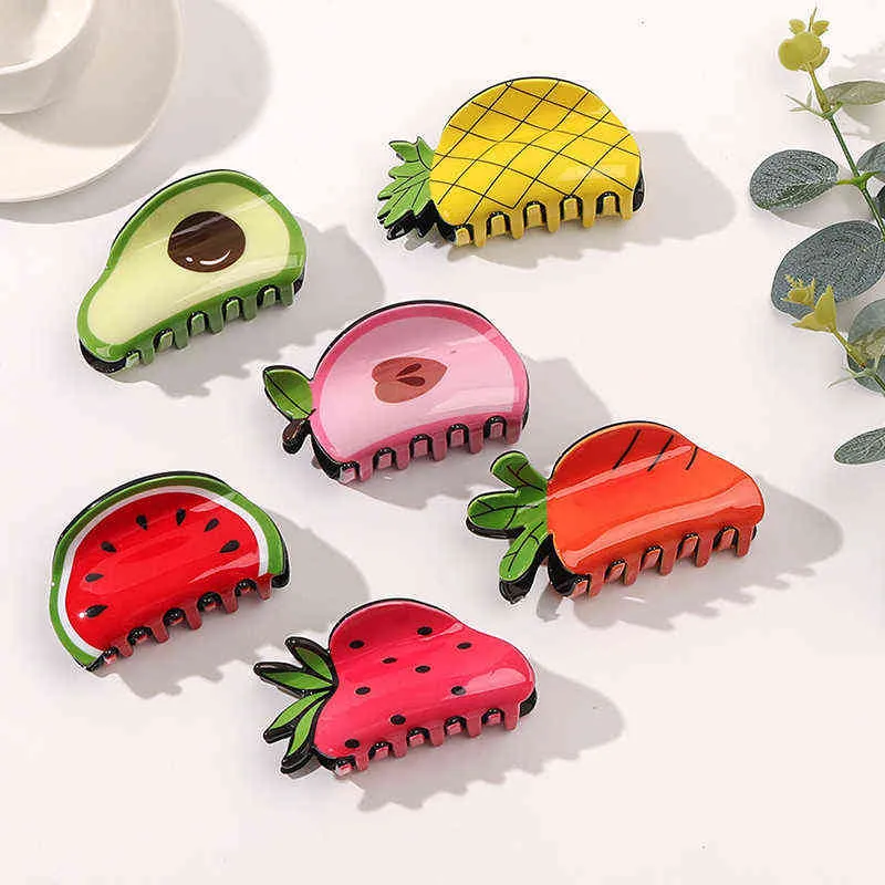 Korea Acryl Obst Gemüse Erdbeere Wassermelone Avocado Haarspangen Krallen Hai Clip Haar Grab Kopfschmuck für Frauen Mädchen T2204825678