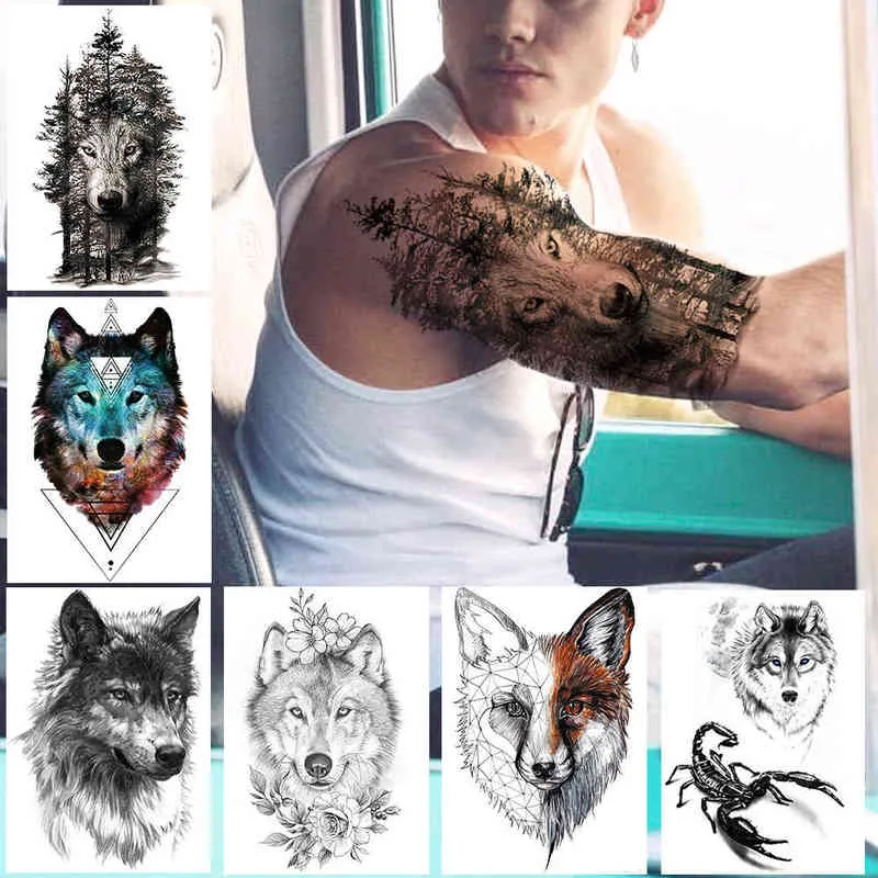Nxy Tatuagem Temporária noite Floresta Tatuagens De Lobisomem Para Homens Mulheres DIY Realista Geométrica Falso Lobo Scorpion Papel Adesivos 0330