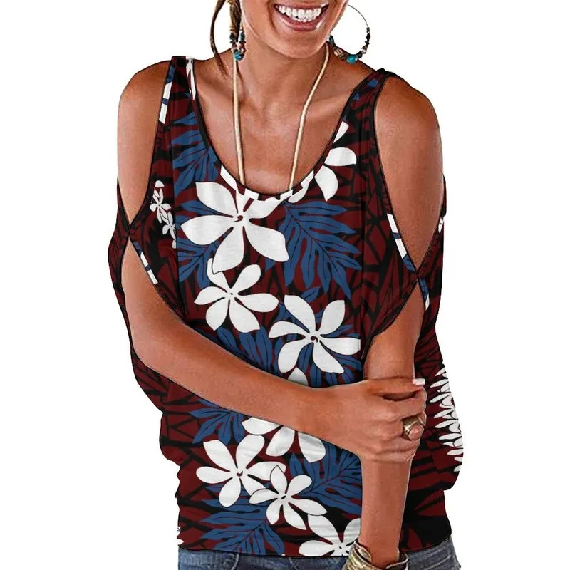 Summer Hawaii Tribal Design Pełna drukowana koszulka Kobieta z ramion Top Polynesian Hollow Out O Neck Pink Top Women Odzież 220706