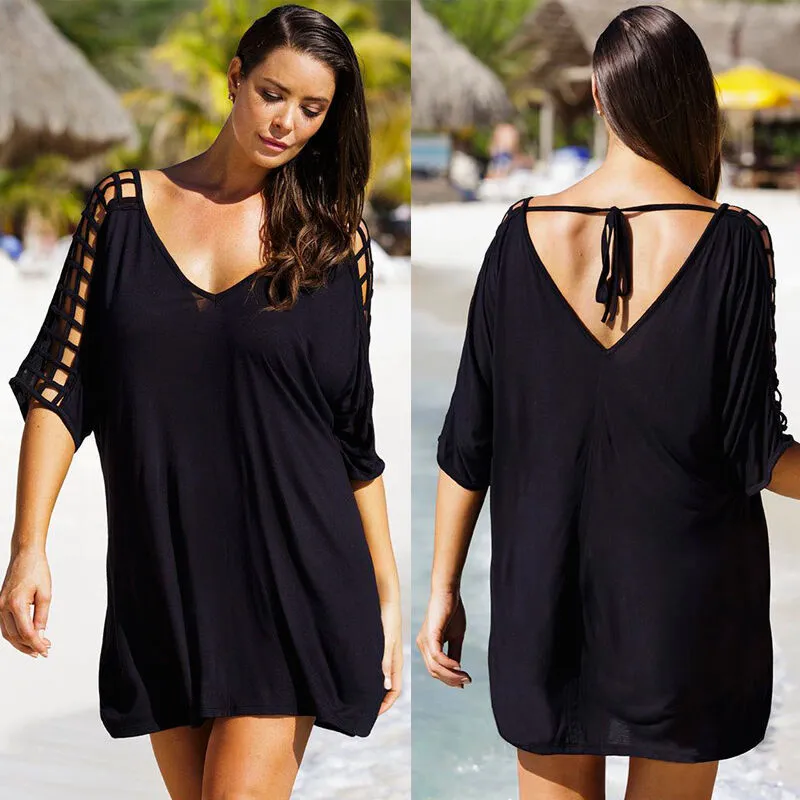 Plus Size Mulheres V Neck Hollow Out Swimwear Beachwear Bikini Wear Cover Up Kaftan Senhoras Verão Vestidos Pretos 220524