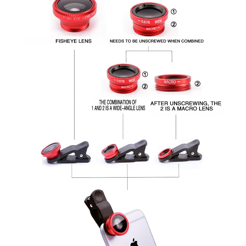 3in1 Fisheye Phone Lens 0.67X Zoom gran angular Fish Eye Macro Lenses Kits de cámara con lente de clip