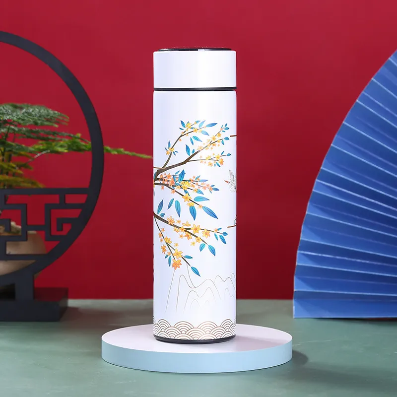 Tragbare Thermosflasche Kaffee Teebecher Chinesischen Stil Intelligente Temperaturanzeige Vakuumflasche Wasser Mit Filtertasse 220617