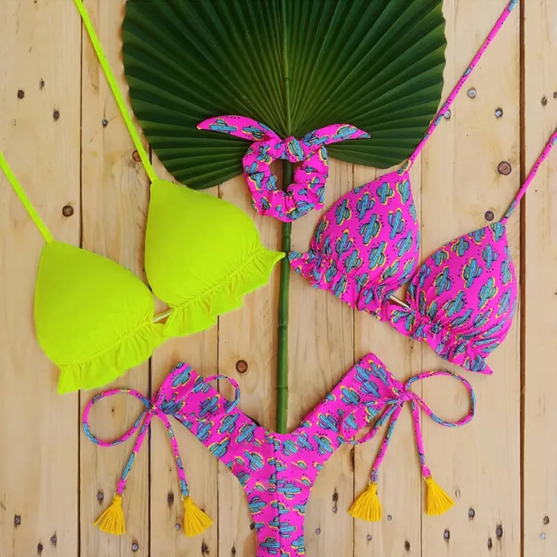 3-teiliger Biquini-Rosa-Bikini für Damen, Strandausflug, Bademode, Blumendruck-Set, Biquinis feminino, Maio, Tanga, Badeanzug 220408