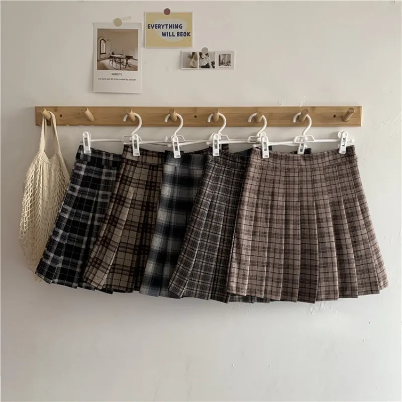 Корейская клетчатая плитящая юбка для плиссии женская весна и осень высокая талия тонкая А-линия короткая юбка Студенческая шерстяная летняя юбка 220505