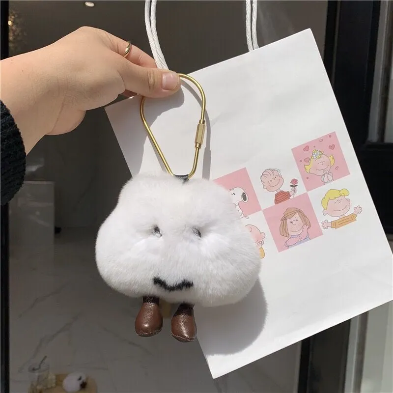 Cute Key Rings Real Rex Fur White Cloud Smile-Face Bag Pendant Keychain Gifts