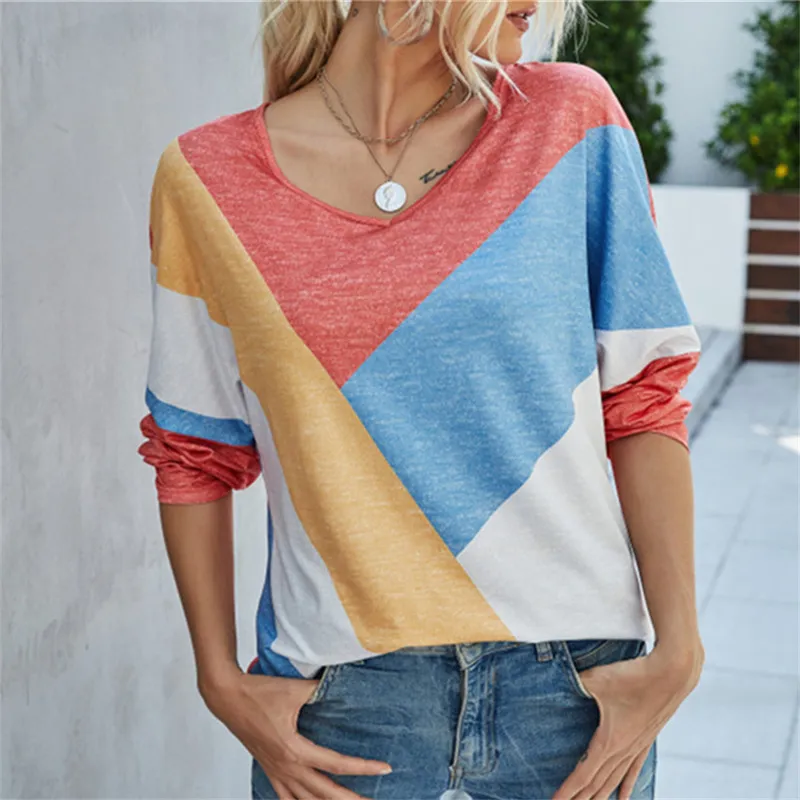 Lady V-Neck Long Sleeve Loose Patchwork Print T-Shirt Spring Autumn Casual Fashion Top Women Comfortable Pullovers T-Shirt 220408