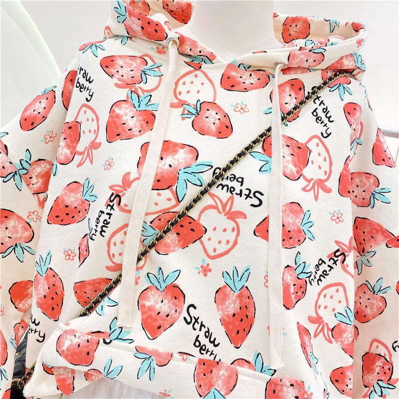 Spring Autumn Thin Pink Sweet Girly Style Hoodie Casual Loose Sweatshirt Harajuku Print Milk Strawberry Pullover Female 220815