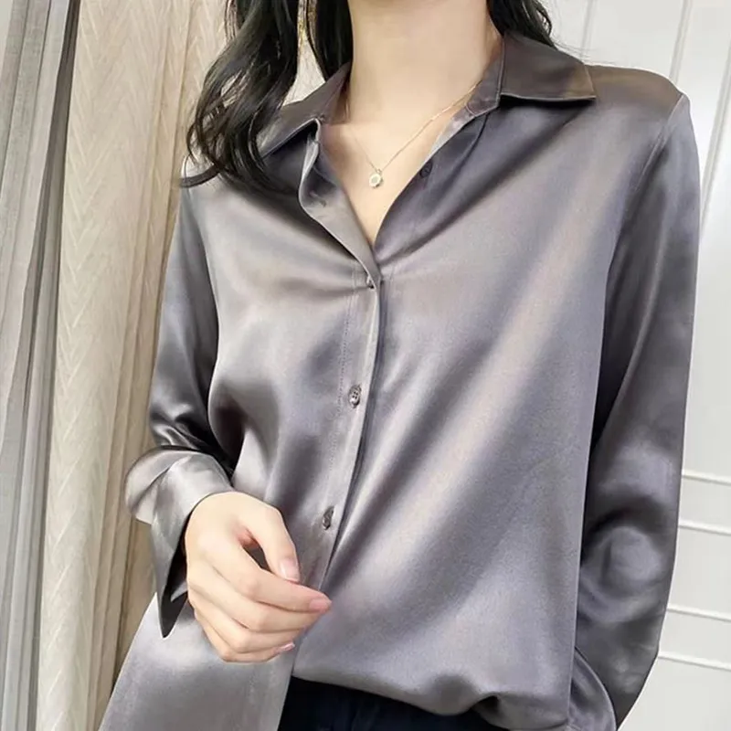 DUOFAN bureau soie Satin chemises femmes nouveau printemps automne dames Simple Blouse hauts femmes vêtements coréen lâche gris chemise Blusas Mujer