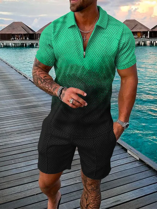 Summer Men's Casual Beach Tracksuit Casual Short Sleeve Zipper Polo Shirt&Shorts Set for Men Casual Streetwear 2-piece Suit 220726