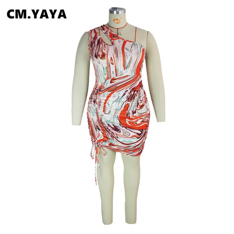 CM.YAYA Femmes Robe De Grande Taille Imprimer Une Épaule Sans Manches Fronces Strechy Au-dessus Du Genou Longueur Robes Tenue De Mode Été 220516