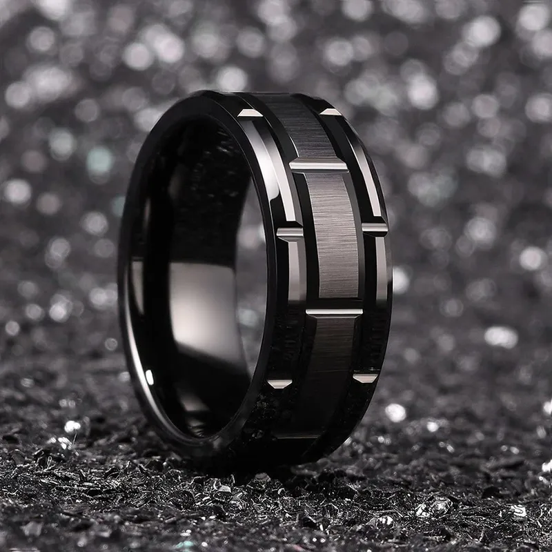 Fashion Men s 8mm Gold Groove Beveled Edge Black Tungsten Wedding Carbon Fiber Ring Punk Gear Wheel Stainless Steel For Men 220719