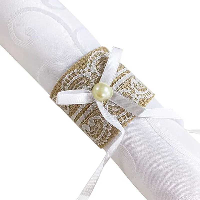 Ensemble de ronds de serviette en dentelle de lin anneau de Servietten anneau de serviette en toile de jute porte-boucles de Serviette décorations de fête de Banquet de mariage