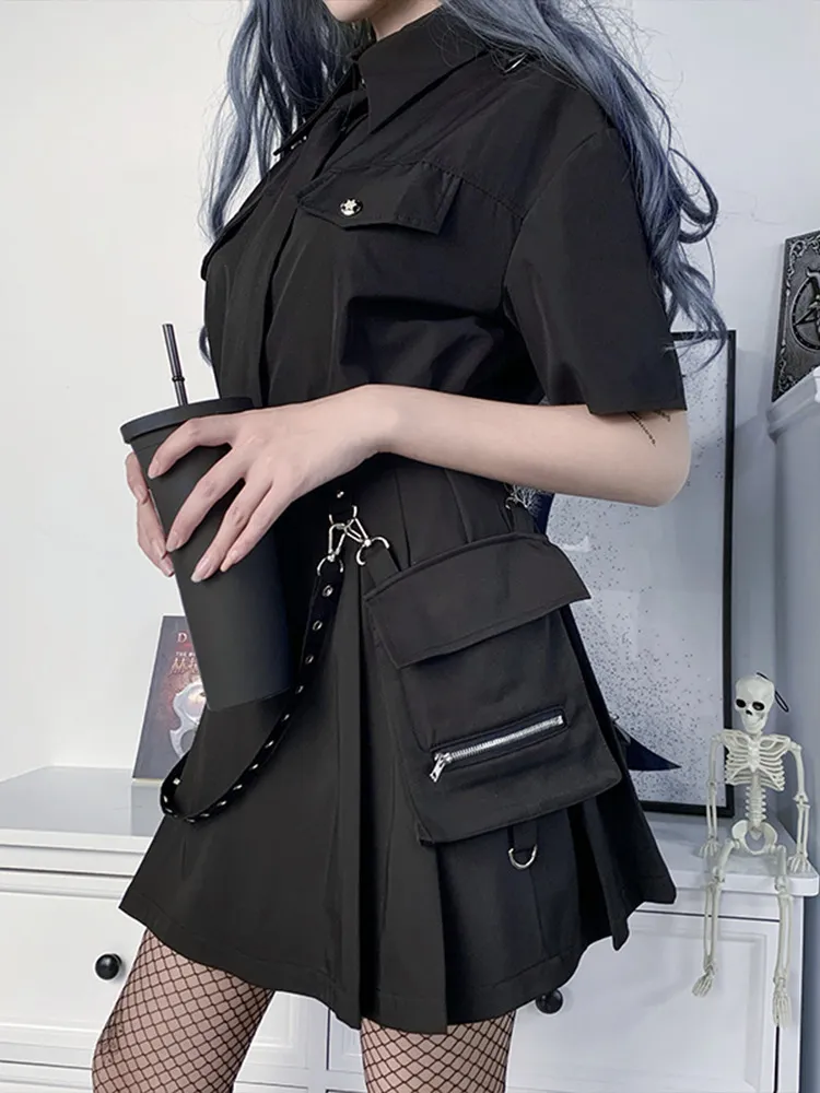 Insgoth harajuku punk gotycka czarna wysoka talia czarne spódnice kobiety seksowne patchwork bandaż mini spódnica żeńska streetwear lato chie 220701