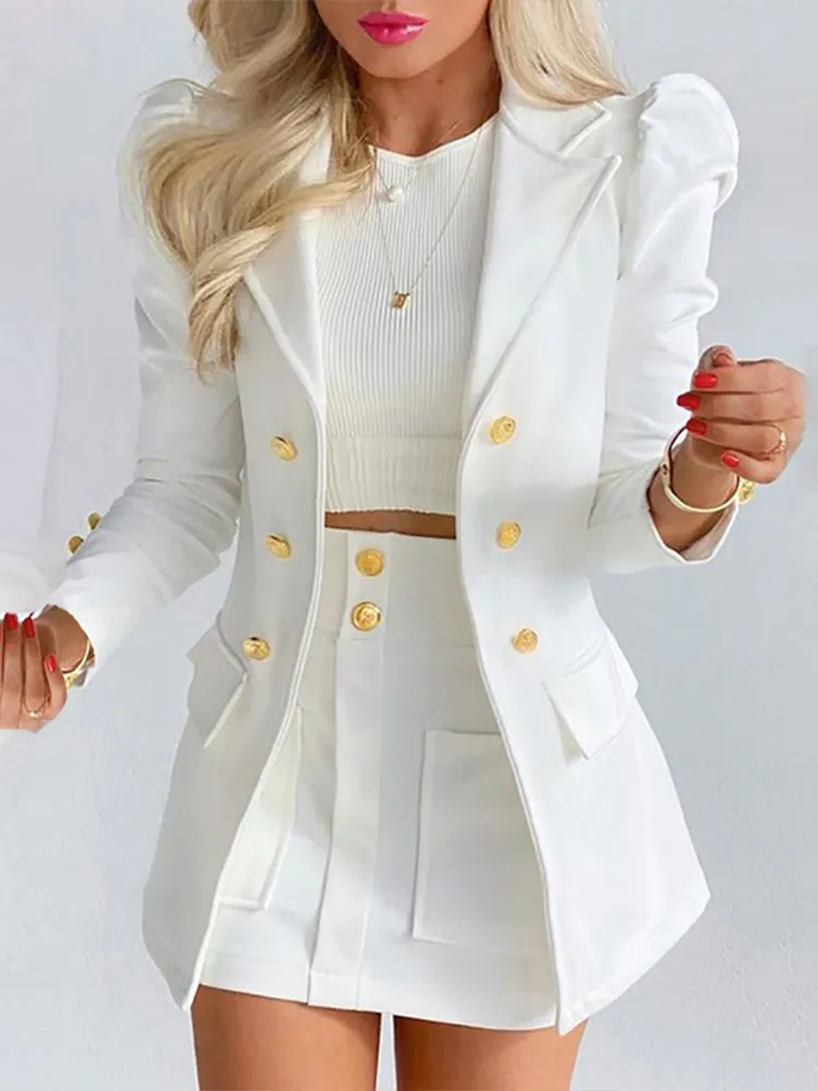 Элегантный вязаный клетчатый блейзер кардиган + тонкий юбка костюмы наряды женщин мода офис двух частей набор старинные металлические кнопки леди 220318