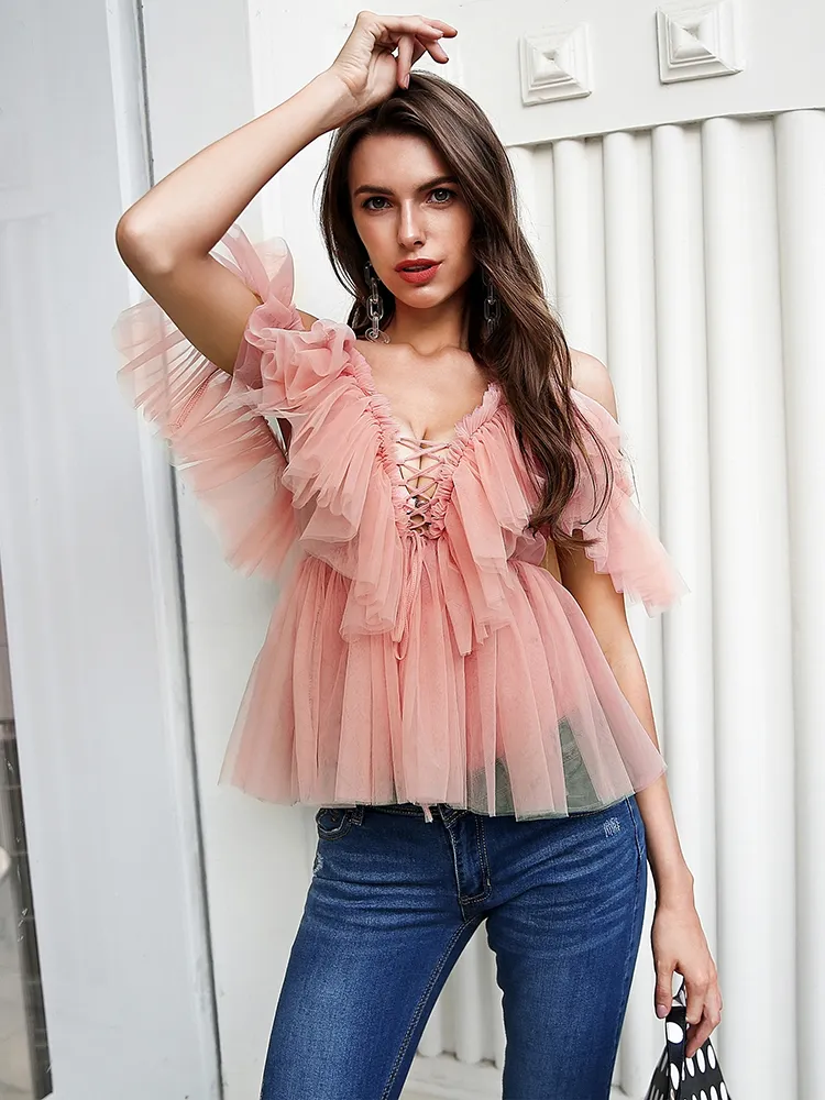 V-neck mesh lace up sexy blouse summer women Strap boho ruffle cold shouler elegant tops Tulle see through casual shirt 220516