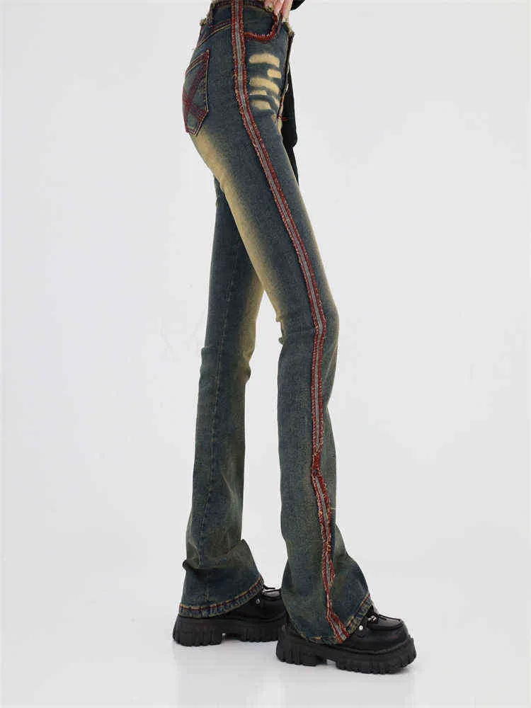 Red Fringe Micro-Flare Low Taisted Jeans Dames Spring Summer Slim Rechte Amerikaanse retro hot girl Design Wide Leg Denim Pants T220728